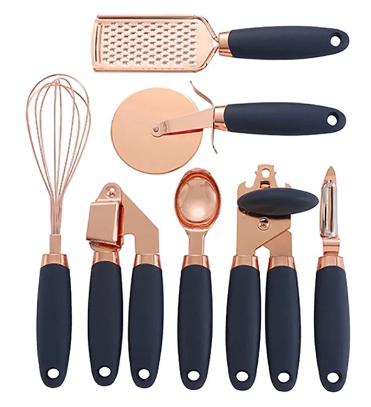 black 7PCS Kitchen tools set: Peeler/Egg Beater/Pizza Cutter/Can Opener/Garlic Press/Spoon/Grater